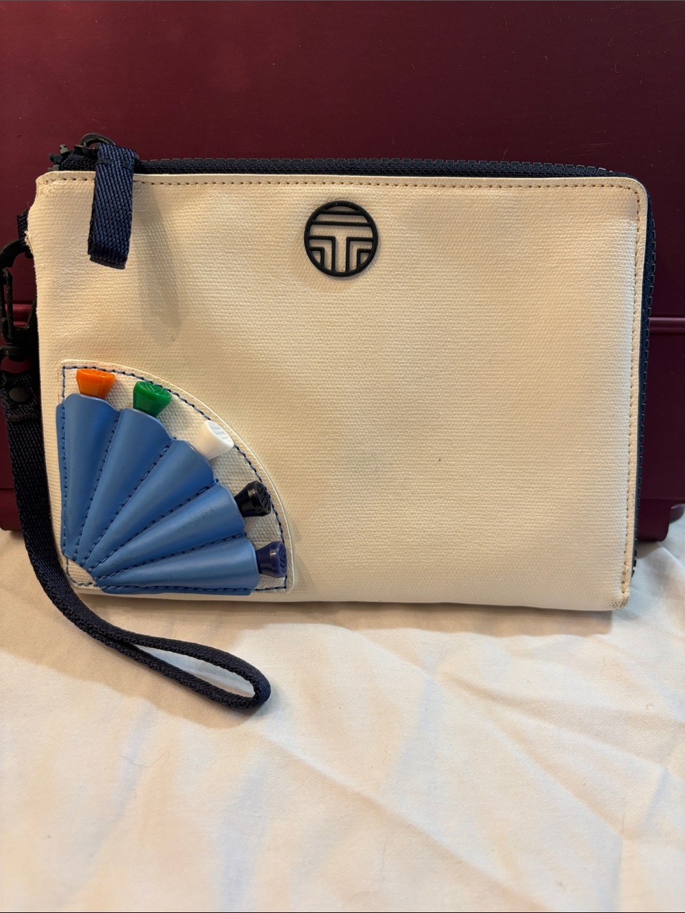 Tory Burch ivory Canvas Wristlet Clutch, Golf Tee athletic collection, EUC